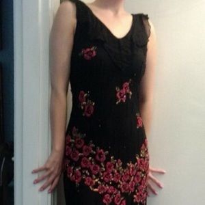 Black Floral Sleeveless Dress with Red Rose Embroidery